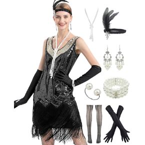 Women's Flapper Dresses 1920s V Neck Beaded Fringed Great Gatsby Roaring 20's Dress w/Accessories Set
