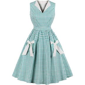 Wellwits Women's Lapel V Neck Plaid Pocket 1940s 1950s Vintage Swing Dress