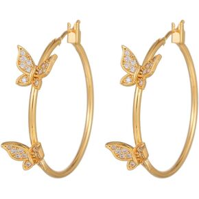 Dainty Butterfly Large Huggie Hoop Earrings for Women Girls Crystal Cubic Zirconia Endless Round Hoops Statement Earring Boho Jewelry Gifts Birthday
