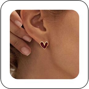 Boho Love Heart Earrings Red Heart Studs Earrings Enamel Heart Earrings Minimalist Heart Dark Red Earrings Jewelry for Women and Girls