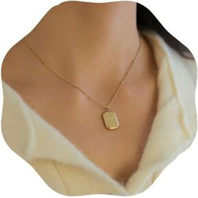 Square Letter Necklace Rectangle Necklace Gold Square Necklaces Square Plate Necklace Simple Gold Beaded Necklaces Beaded Station Gold Chain Jewelry for Women and Teen Girls
