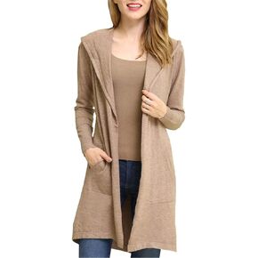 Women Hooded Cardigan Sweater Drape Open Front Asym with Pockets