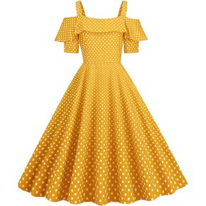 Wellwits Women's Ruffle Off Shoulder Strap Polka Dots 1950s Vintage Dress