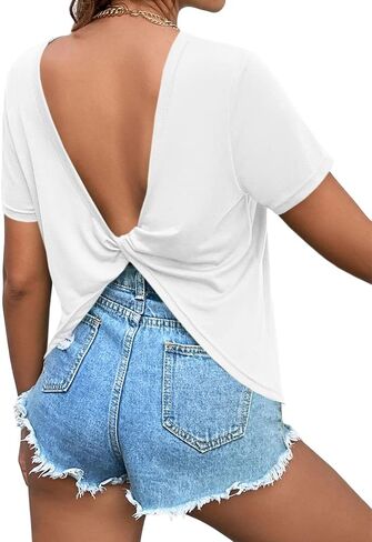 Zuoyouzi Women's Twist Backless Short Sleeve T Shirts Tops Round Neck Curved Hem Casual Workout Tee T-Shirts in Saudi Arabia