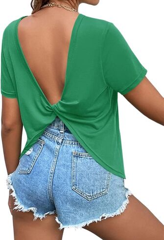 Zuoyouzi Women's Twist Backless Short Sleeve T Shirts Tops Round Neck Curved Hem Casual Workout Tee T-Shirts in Saudi Arabia