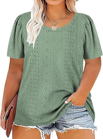 DOLNINE Womens-Plus-Size-Tops Casual Puff Short Sleeve Crewneck Eyelet Tunic Shirts XL-5XL in Kuwait