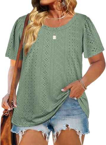 DOLNINE Womens-Plus-Size-Tops Casual Puff Short Sleeve Crewneck Eyelet Tunic Shirts XL-5XL in Kuwait