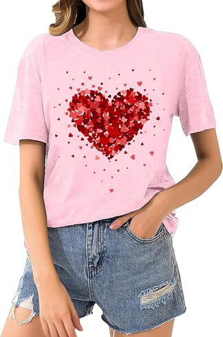 Valentine's Day Shirt for Women Casual Girl Friend Gift T Shirt Cute Love Heart Graphic Tees Short Sleeve Tshirt Top in Saudi Arabia