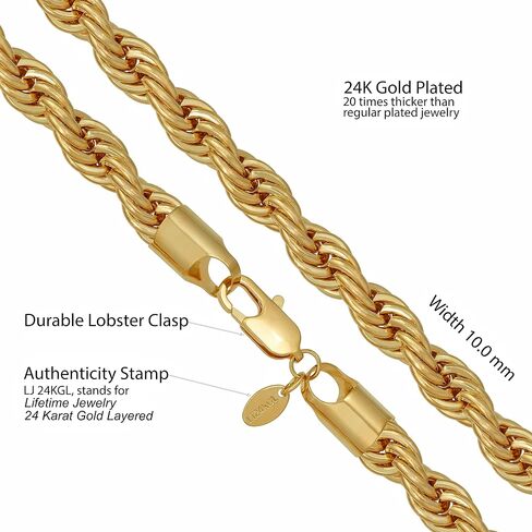 LIFETIME JEWELRY 10mm Rope Chain Necklace 24k Real Gold Plated for Women and Men in Saudi Arabia