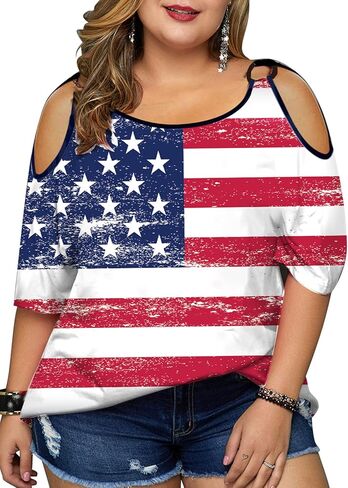 Plus Size American Flag Shirt - Womens USA Patriotic Cold Shoulder T Shirt 4th of July Shirts Memorial Day Loose Tops in Kuwait