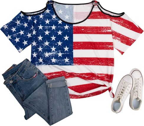 Plus Size American Flag Shirt - Womens USA Patriotic Cold Shoulder T Shirt 4th of July Shirts Memorial Day Loose Tops in Kuwait