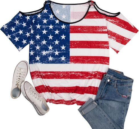 Plus Size American Flag Shirt - Womens USA Patriotic Cold Shoulder T Shirt 4th of July Shirts Memorial Day Loose Tops in Kuwait