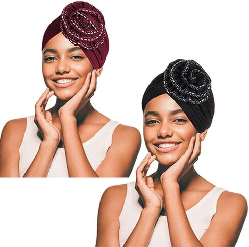 قبعة صغيرة بتصميم عمامة افريقية مرصعة باحجار الراين والزهور من ييلهيل، قبعة معقودة بكسرات للحفلات الراقصة للنساء (عبوة من قطعتين) in Kuwait