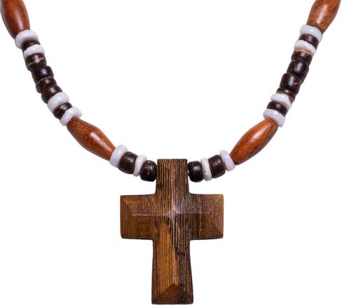 BlueRica Hand Carved Wood Cross on Brown Coconut & Puka Shell Beads Necklace (18") in Saudi Arabia