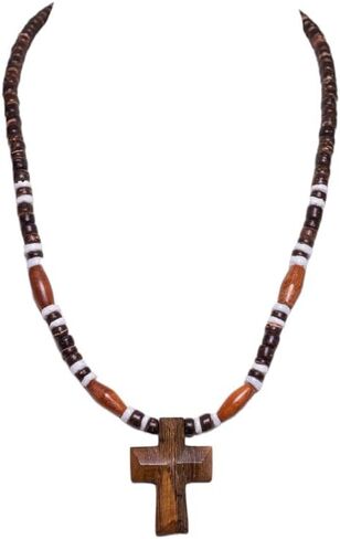 BlueRica Hand Carved Wood Cross on Brown Coconut & Puka Shell Beads Necklace (18") in Saudi Arabia
