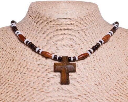 BlueRica Hand Carved Wood Cross on Brown Coconut & Puka Shell Beads Necklace (18") in Saudi Arabia