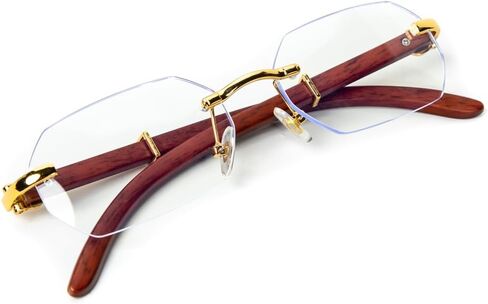 Mens Women's Gold Frame Luxury Classic Geometric Clear Lens Wood Arm Blue Light Glasses Rimless Trendy Retro 90's Unisex Hip Hop Fashion Woodgrain Non Prescription Eye Glasses in Saudi Arabia