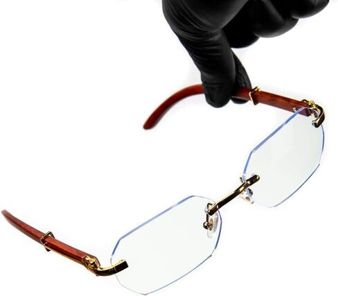 Mens Women's Gold Frame Luxury Classic Geometric Clear Lens Wood Arm Blue Light Glasses Rimless Trendy Retro 90's Unisex Hip Hop Fashion Woodgrain Non Prescription Eye Glasses in Saudi Arabia