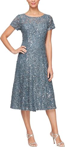 S.L. Fashions Women's Tea Length Cap Sleeve Sequin Lace A-Line Dress, Steel Blue in Kuwait