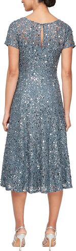 S.L. Fashions Women's Tea Length Cap Sleeve Sequin Lace A-Line Dress, Steel Blue in Kuwait