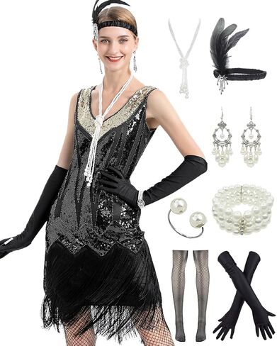 فساتين فلابر للنساء من عشرينيات القرن العشرين، رقبة على شكل V مطرزة ومهدب، فستان غاتسبي العظيم رورينغ 20 مع مجموعة إكسسوارات in Kuwait