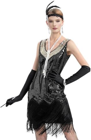 فساتين فلابر للنساء من عشرينيات القرن العشرين، رقبة على شكل V مطرزة ومهدب، فستان غاتسبي العظيم رورينغ 20 مع مجموعة إكسسوارات in Kuwait