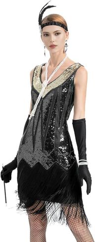 فساتين فلابر للنساء من عشرينيات القرن العشرين، رقبة على شكل V مطرزة ومهدب، فستان غاتسبي العظيم رورينغ 20 مع مجموعة إكسسوارات in Kuwait