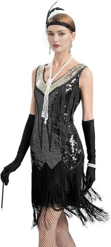 فساتين فلابر للنساء من عشرينيات القرن العشرين، رقبة على شكل V مطرزة ومهدب، فستان غاتسبي العظيم رورينغ 20 مع مجموعة إكسسوارات in Kuwait