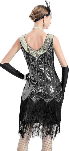 فساتين فلابر للنساء من عشرينيات القرن العشرين، رقبة على شكل V مطرزة ومهدب، فستان غاتسبي العظيم رورينغ 20 مع مجموعة إكسسوارات in Kuwait