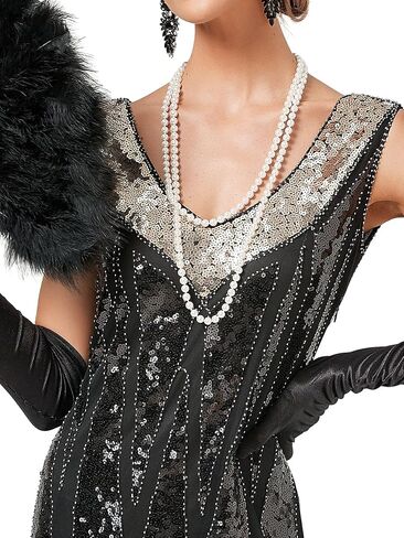 فساتين فلابر للنساء من عشرينيات القرن العشرين، رقبة على شكل V مطرزة ومهدب، فستان غاتسبي العظيم رورينغ 20 مع مجموعة إكسسوارات in Kuwait