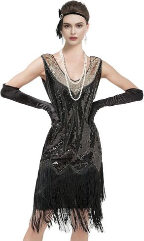 فساتين فلابر للنساء من عشرينيات القرن العشرين، رقبة على شكل V مطرزة ومهدب، فستان غاتسبي العظيم رورينغ 20 مع مجموعة إكسسوارات in Kuwait