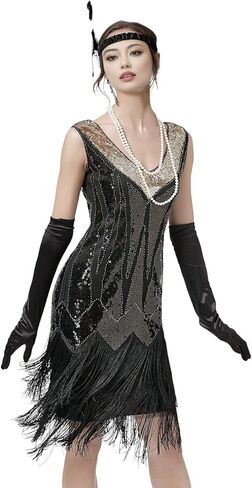 فساتين فلابر للنساء من عشرينيات القرن العشرين، رقبة على شكل V مطرزة ومهدب، فستان غاتسبي العظيم رورينغ 20 مع مجموعة إكسسوارات in Kuwait