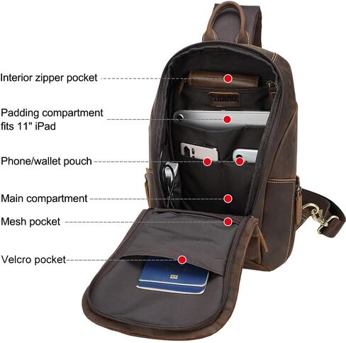 حقيبة كتف من الجلد الطبيعي من TIDING للرجال، حقيبة كتف كاجوال للمشي لمسافات طويلة على الصدر، تناسب جهاز iPad مقاس 11 بوصة in Kuwait