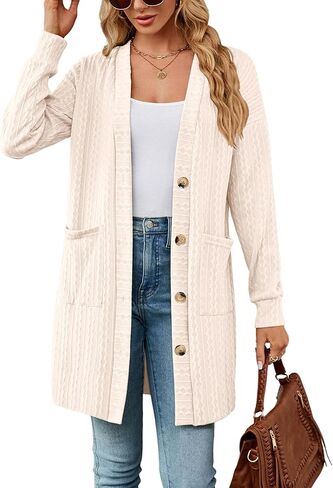 سترة نسائية بأكمام طويلة ومفتوحة من الأمام وأزرار سفلية ومضلعة وخفيفة الوزن مع جيب in Kuwait