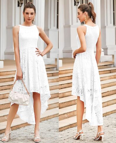 فستان Yuanlar النسائي ذو الرسن الدانتيل الأزهار لحفلات الكوكتيل Hi-Lo حفلة موسيقية فستان وصيفة العروس فستان رسمي متأرجح in Kuwait