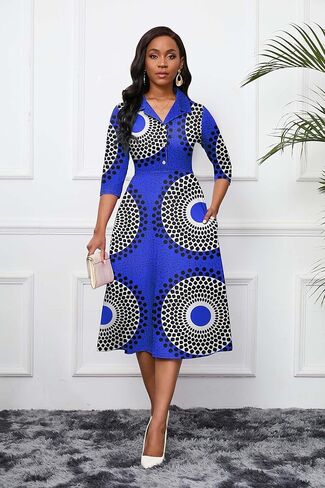 فستان نسائي من FANDEE بأكمام 3/4 وفتحة رقبة على شكل V وحفلات الكوكتيل فستان متوسط ​​الطول بخصر عالٍ 2024 فستان رسمي مع جيب in Kuwait