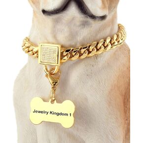 Gold Dog Chain Collar with Secure Buckle with Ice-Out Cubic Zirconia Stones and Dog Tag 18K Metal Stainles Steel Cuban Link Chain Walking Training Chain Collar (10MM, 22")