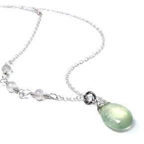 Mint Green Gemstone Necklace Prehnite Rainbow Moonstone, Sterling Silver 18" Length
