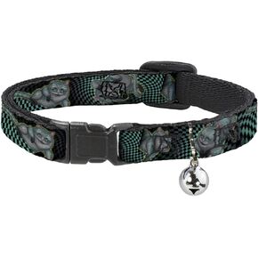 Buckle-Down Breakaway Cat Collar - Cheshire Cat 4-Poses Checkers Teal/Black - 1/2" Wide - Fits 8-12" Neck - Medium