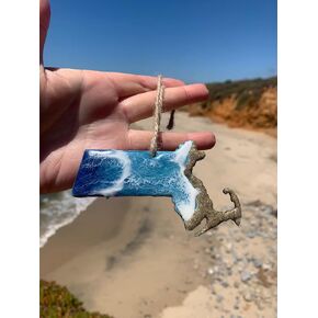 Massachusetts Holiday Ornament, Handmade Resin Art is One of A Kind, State Christmas Ornament With Real Sand And Ocean Waves