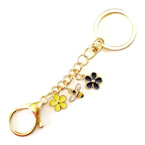 Bee and Flowers Keychain - Enameled Charms Key Chain - Swivel Keyring and Clip - Black & Yellow Keychain - Handmade by Green Acorn Kitchen