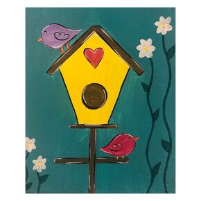 Paint Your Own Pre-Drawn Canvas Kit for Kids, Bird House Theme, DIY Paint Party Kit - Paint Brush & Color Mixing Chart - Handmade & Stenciled (8" x 10")