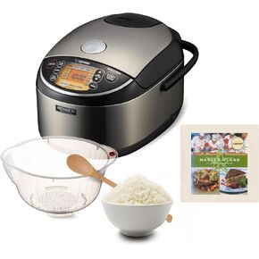 Zojirushi NP-NWC18 سعة 10 أكواب لطهي الأرز وتسخينه بالضغط (أسود) حزمة مع ملعقة من الخيزران مقاس 15 بوصة ووعاء غسيل الأرز وكتاب الطبخ (4 قطع) in Kuwait