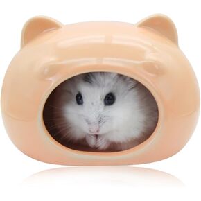 Hamster Ceramic House, Cute Bear Shape Hamster Hideout for Summer, Hamster Cave for All Seasons, Hamster Cooling Cave for Small Pets Dwarf Hamster Gerbils (Orange, S)