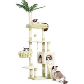 Heybly Cat Tree, 65.4 inches Cat Tower for Indoor Cats, Cat Condo with Leaves Perches, Basket, Leaf, Feeding Bowl, Multi-Level Plush Modern Furniture Scratching Posts, Green and Yellow HCT015GY
