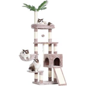 Heybly Cat Tree, 65.4 inches Cat Tower for Indoor Cats, Cat Condo with Leaves Perches, Basket, Leaf, Feeding Bowl, Multi-Level Plush Modern Furniture Scratching Posts, Green and Yellow HCT015GY