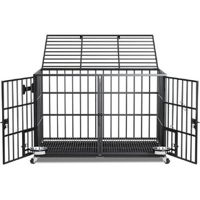 42" Heavy Duty Dog Cage Metal Kennel for XL Large Dog/2 Dogs,Escape Proof Dog Crate Indoor with Wheels,Divider and All Metal Open Top Stackable,Feeding 2 Bowls,Floor Grid,Tray(Black)