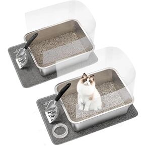 2 Sets Stainless Steel Litter Boxes, Metal Cat Litter Box Pan with High Wall Sides Non-Sticky Kitty Litter Box for Odor Control with Litter Scoop Easy Cleaning 19.7"x13.8"x5.9"