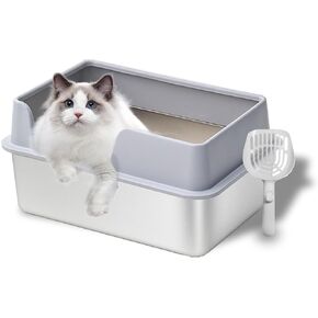 Enclosed Stainless Steel Cat Litter Box with Lid, Upgraded Side Opening Metal Litter Box, Extra Large Kitty Litter Box for Big Cats, XL Metal Litter Pan Tray with High Wall Sides Enclosure