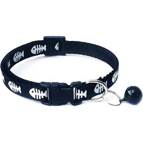 Black Adjustable Length: 19cm - 32cm Dog Cat Fish Bone Print Breakaway Collars with Bell Cute Puppy Kitten Adjustable Buckle Collars Neck Strap Pet Supply Basic Collars